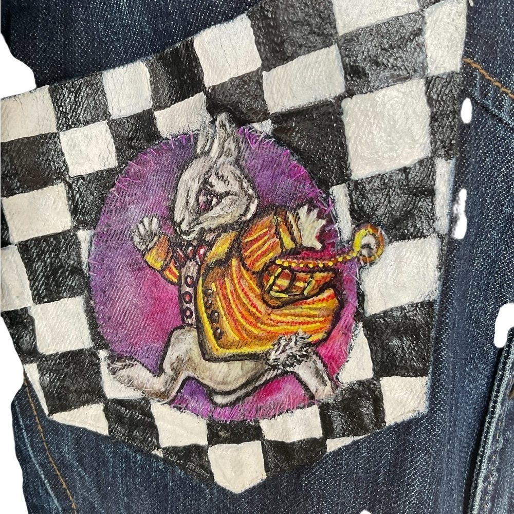 Hand Painted Alice in Wonderland | Cheshire Cat | Denim Jacket | Oversized | XXL - Picture 4 of 14